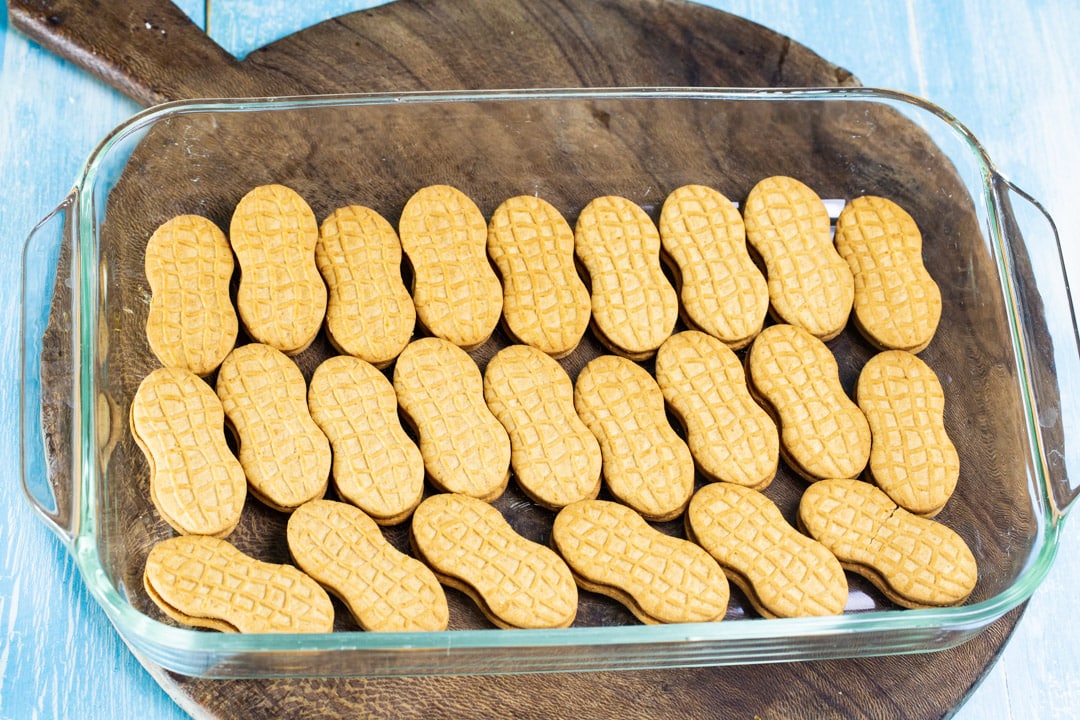 Nutter Butter cookies in a 9x13-inch pan.