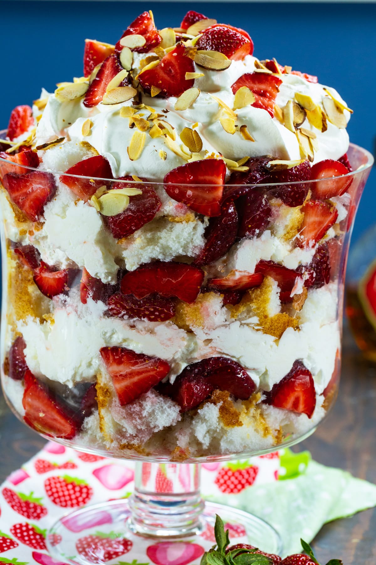 Strawberry Amaretto Trifle in trifle dish.