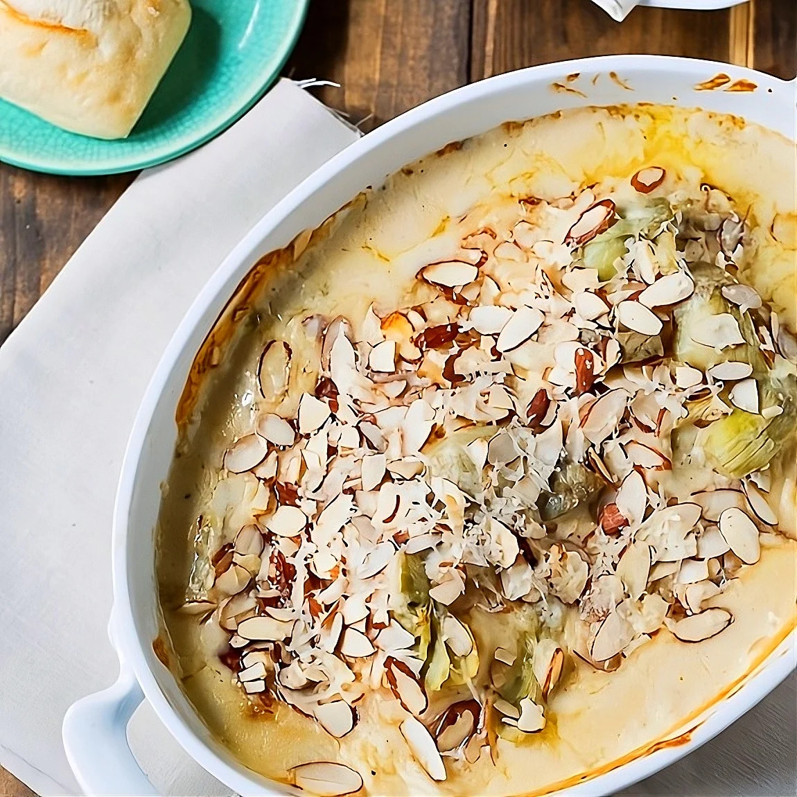 Chicken Artichoke Casserole in baking dish.