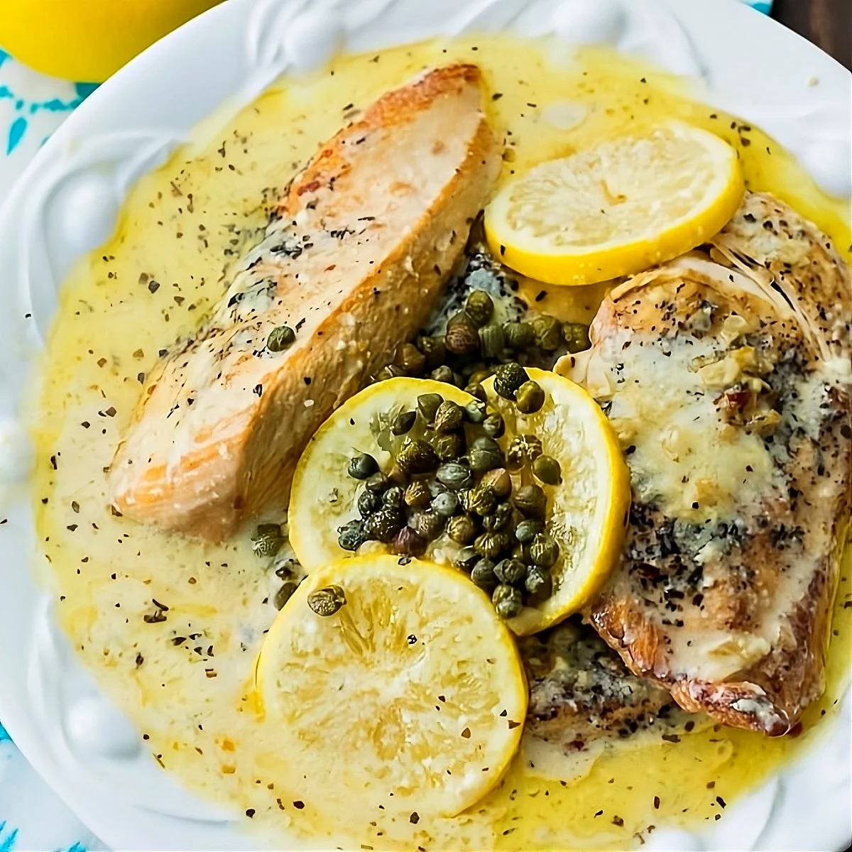 Cooked creamy lemon chicken in a pasta bowl.