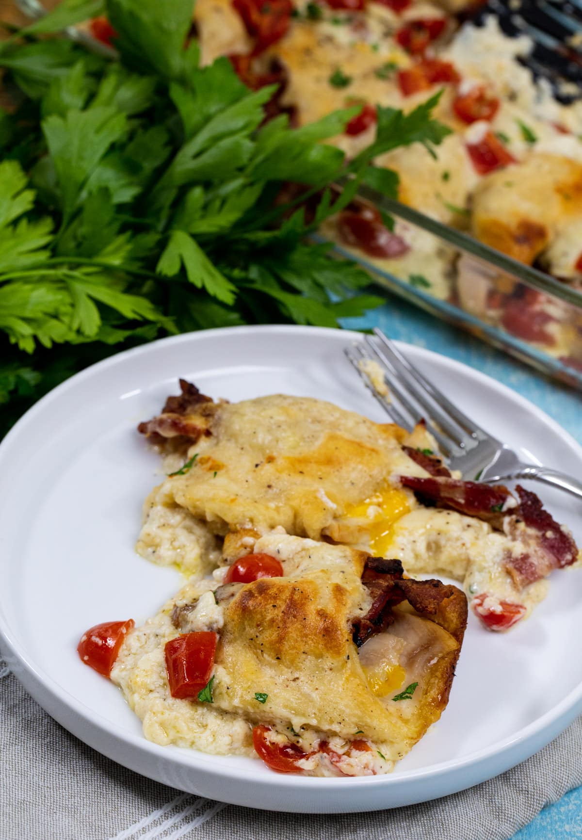 Casserole dished up on a plate.