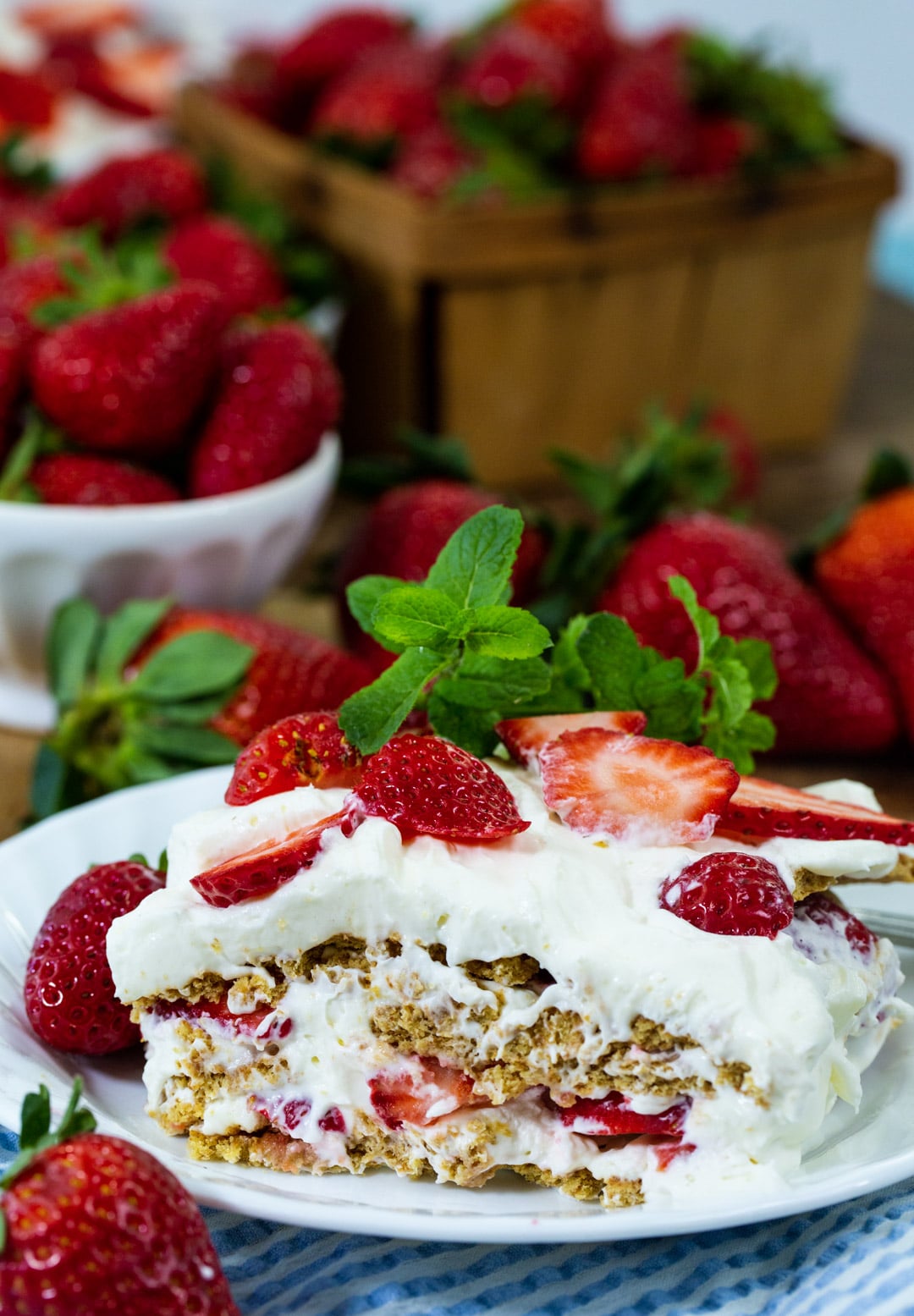 Piece of Strawberry Icebox Dessert on a small plate.
