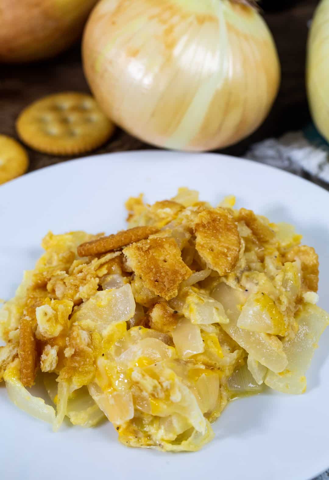 Vidalia Onion Casserole dished up on a plate.