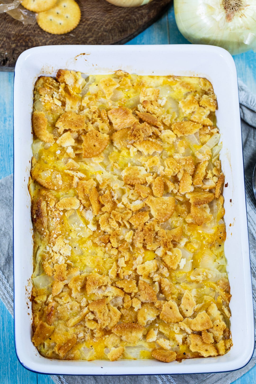 Finished casserole in baking dish.