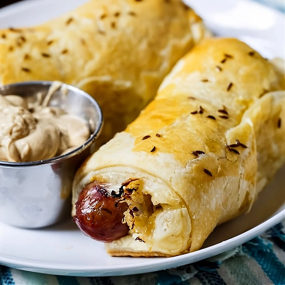 Brats in a Blanket on plate with mustard.