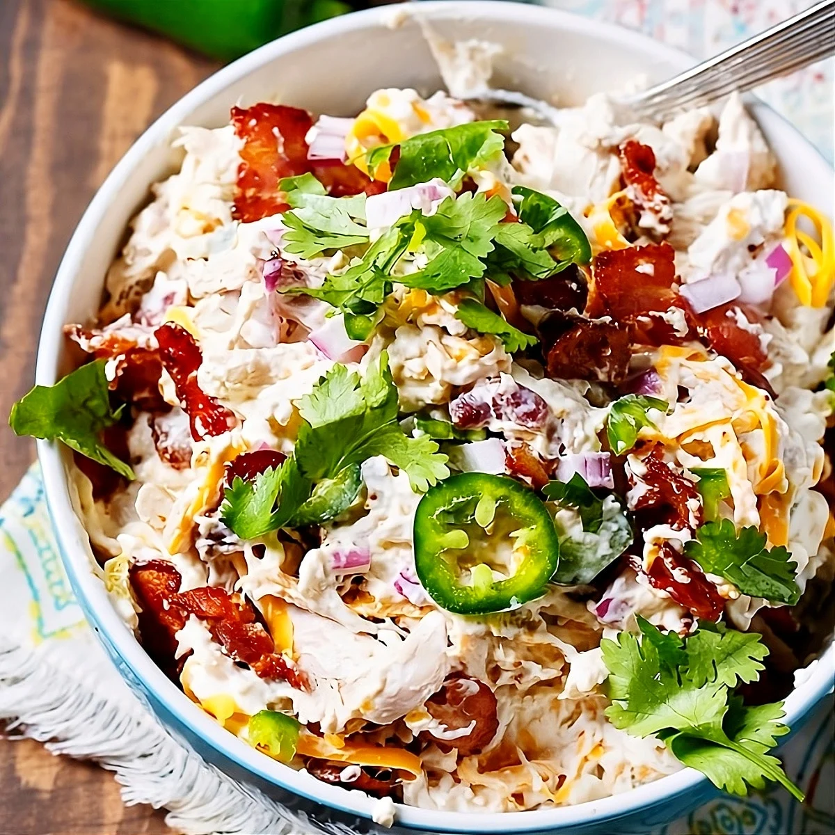 Jalapeno Popper Chicken Salad in a serving bowl.