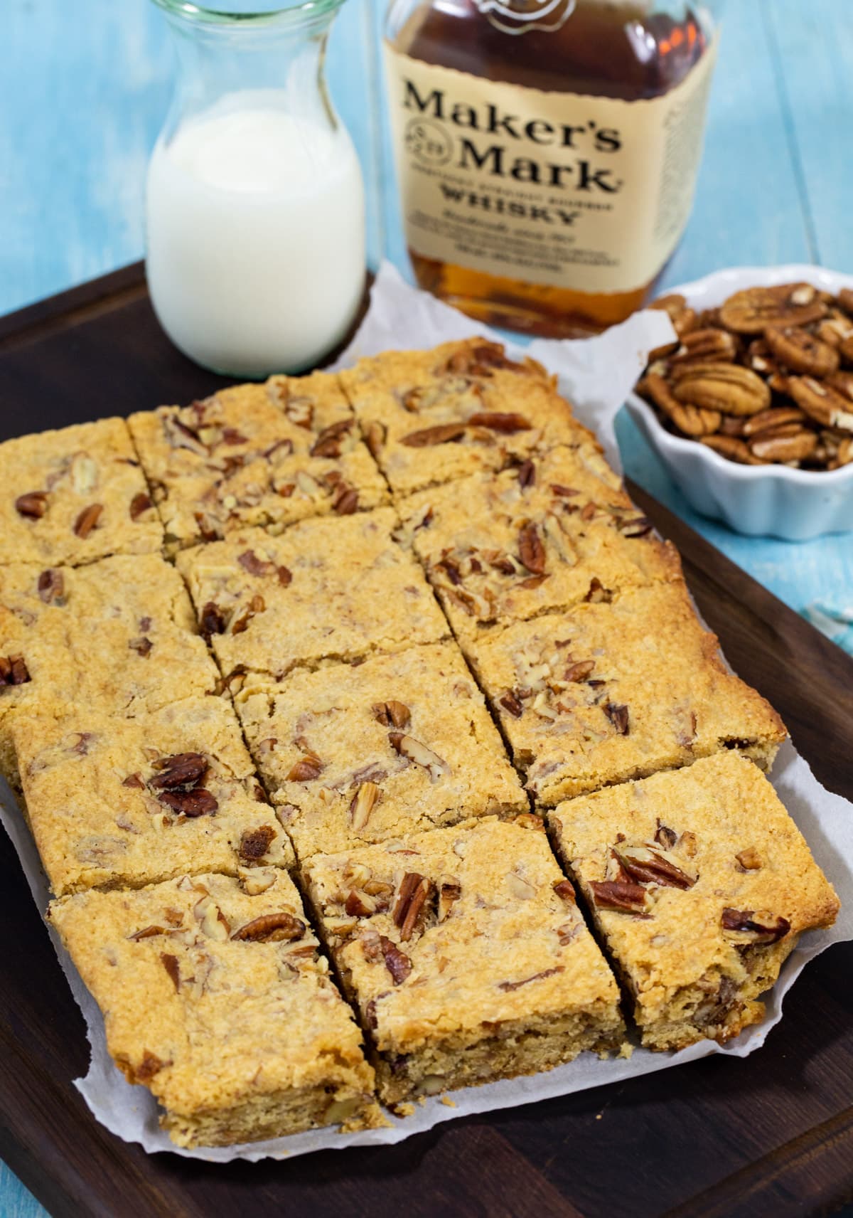 Bourbon Pecan Blondies cut into squares.