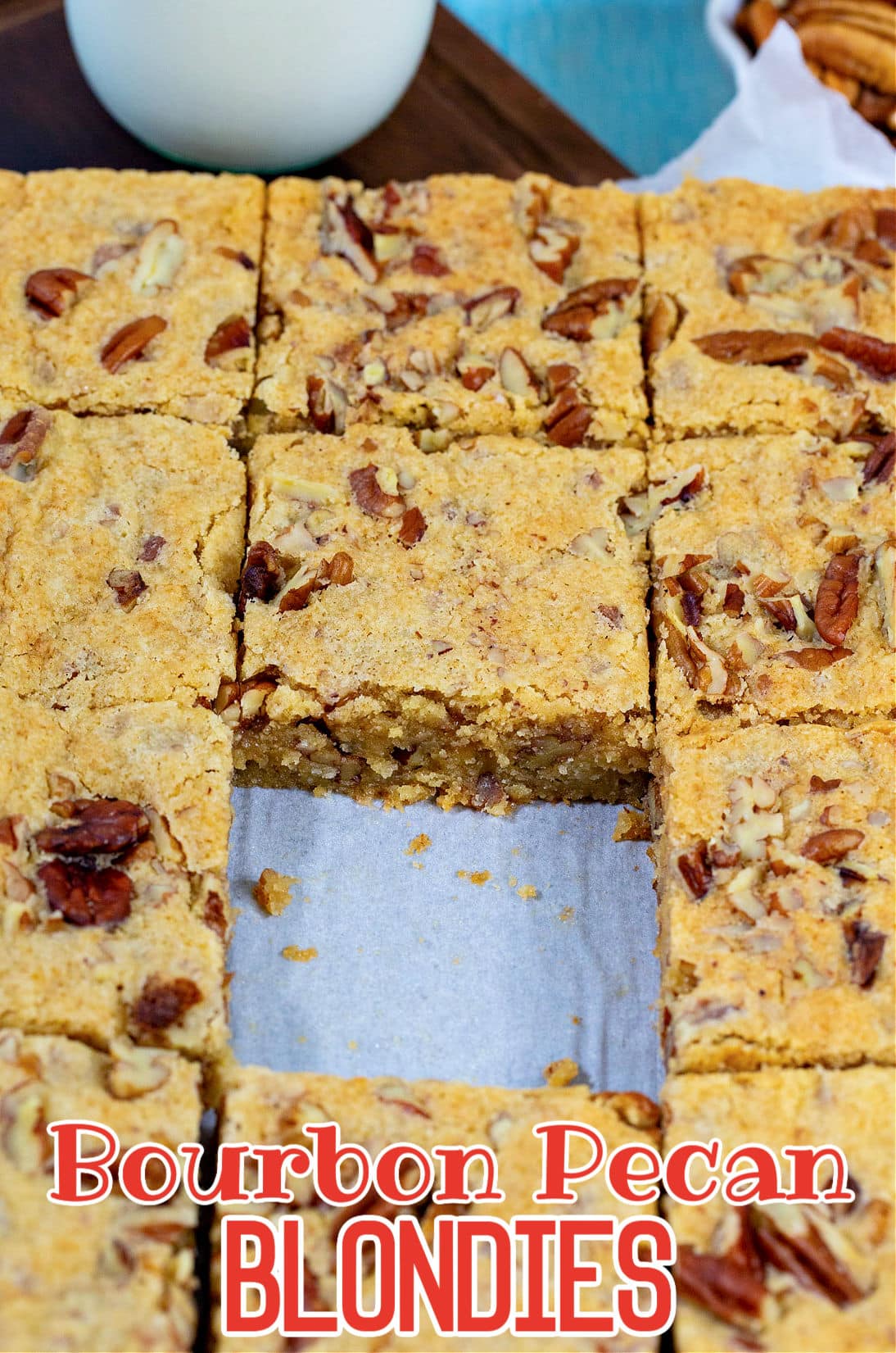 Bourbon Pecan Blondies cut into squares.