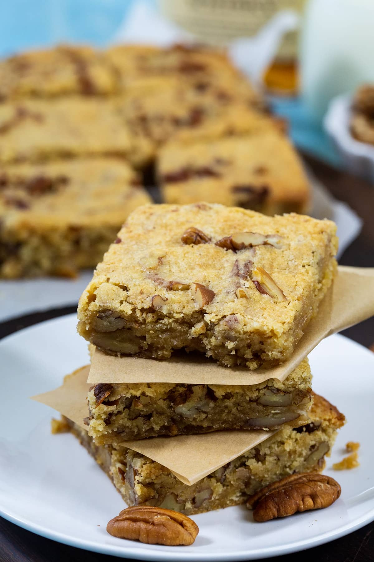 Stack of blondies on a small plate.