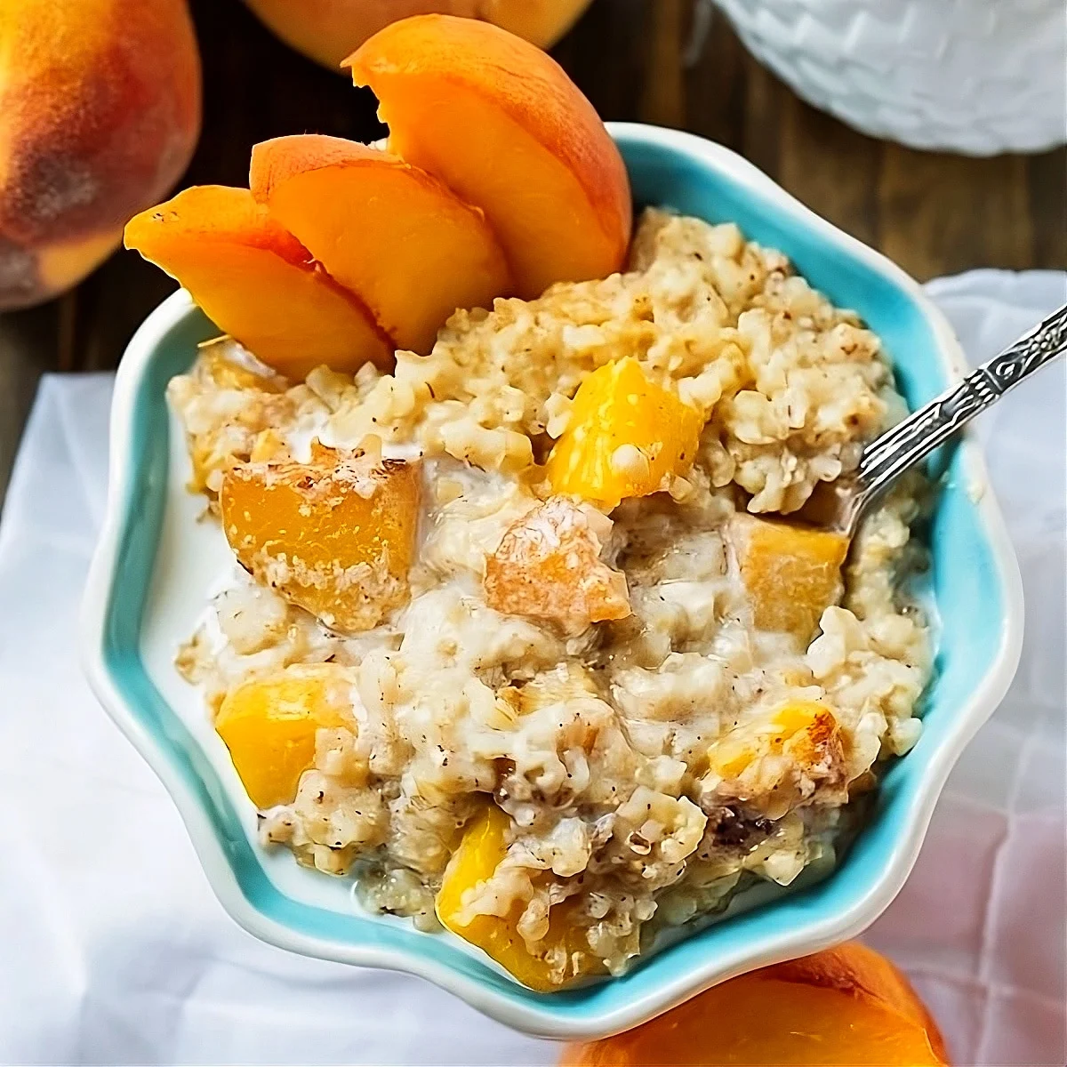 Oatmeal in a bowl with a spoon.