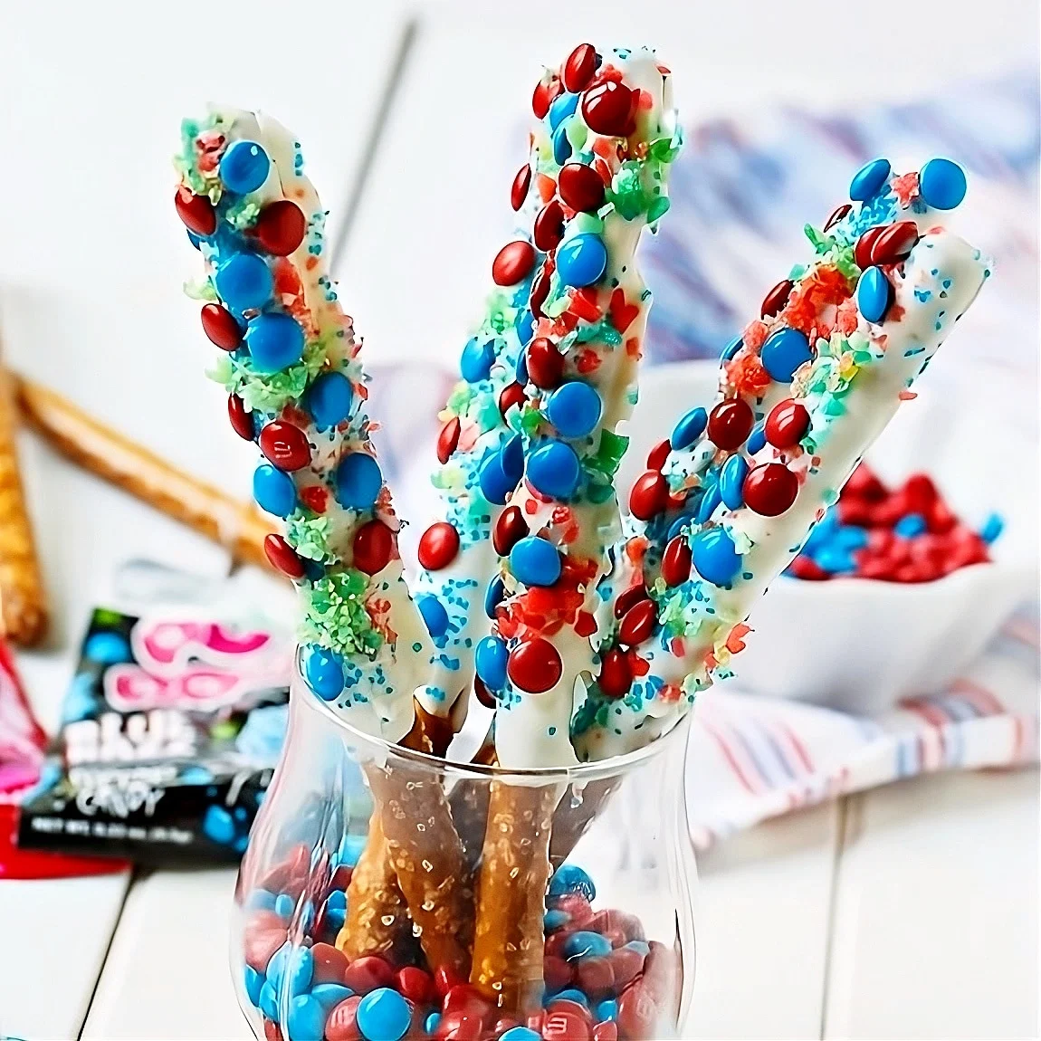Firecracker Pretzel Rods in a glass.