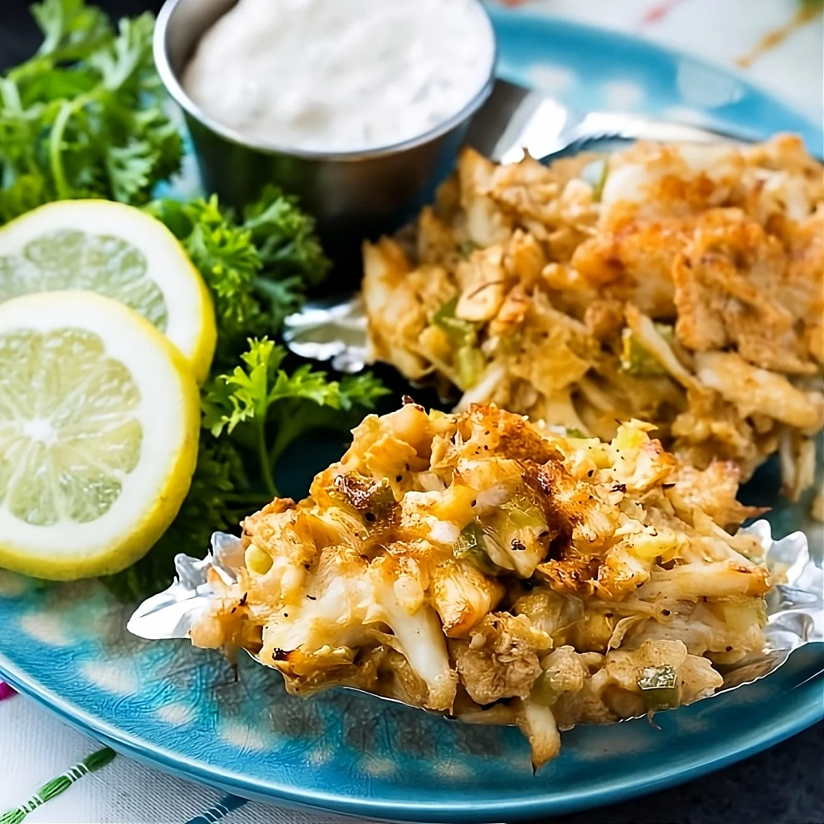 Two Deviled Crab on plate with lemon slices and tartar sauce.