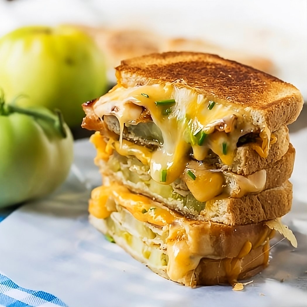 Fried Green Tomato and Bacon Grilled Cheese cut in halves and stacked.
