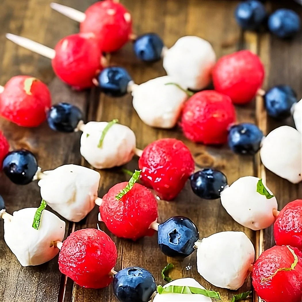 Fruit Kabobs lined up on picnic table.