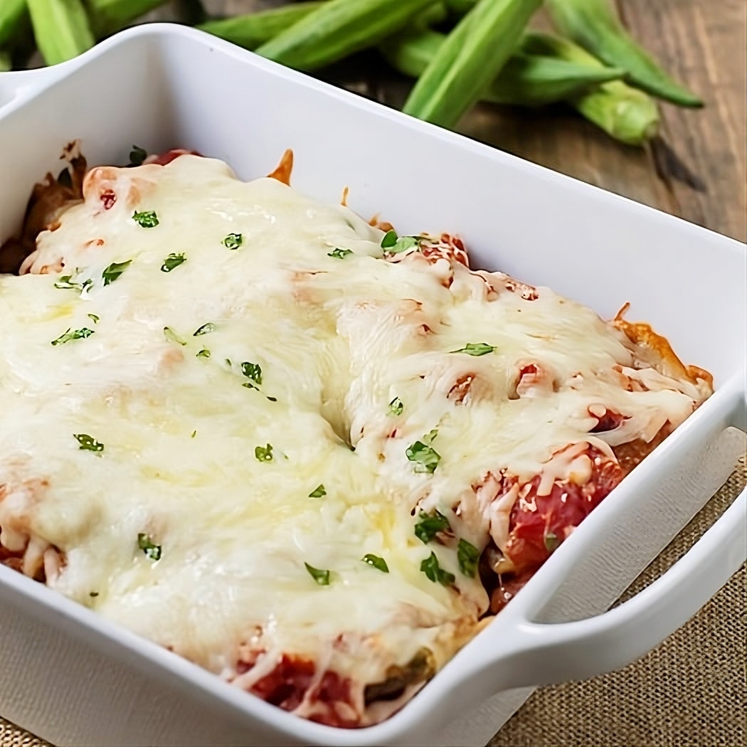 Okra Parmigiana in a baking dish.
