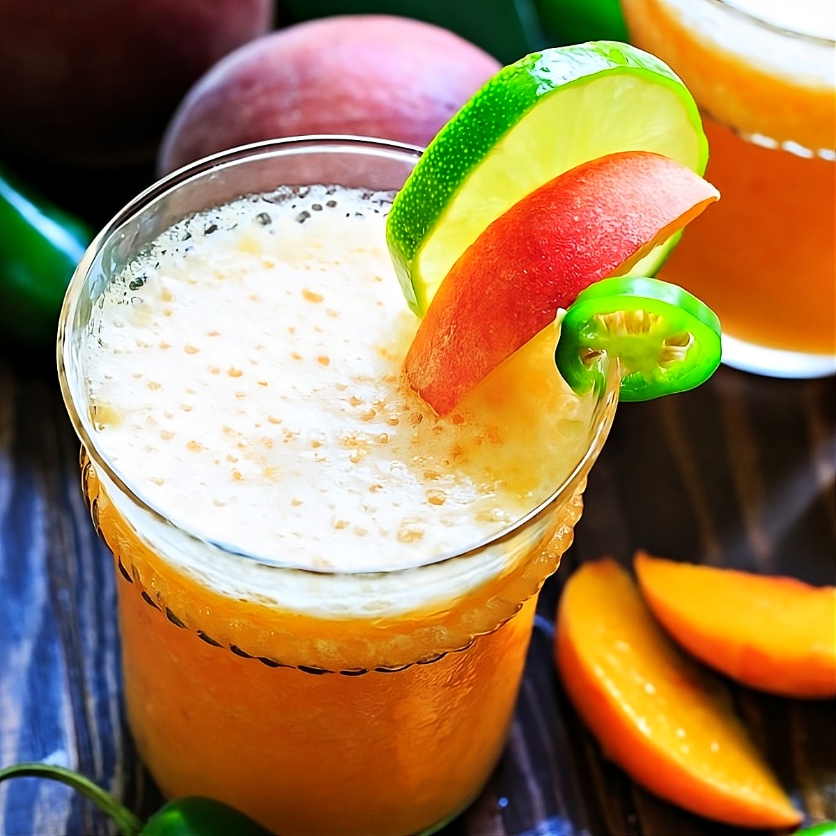Peach Jalapeno Margarita in a cocktail glass.