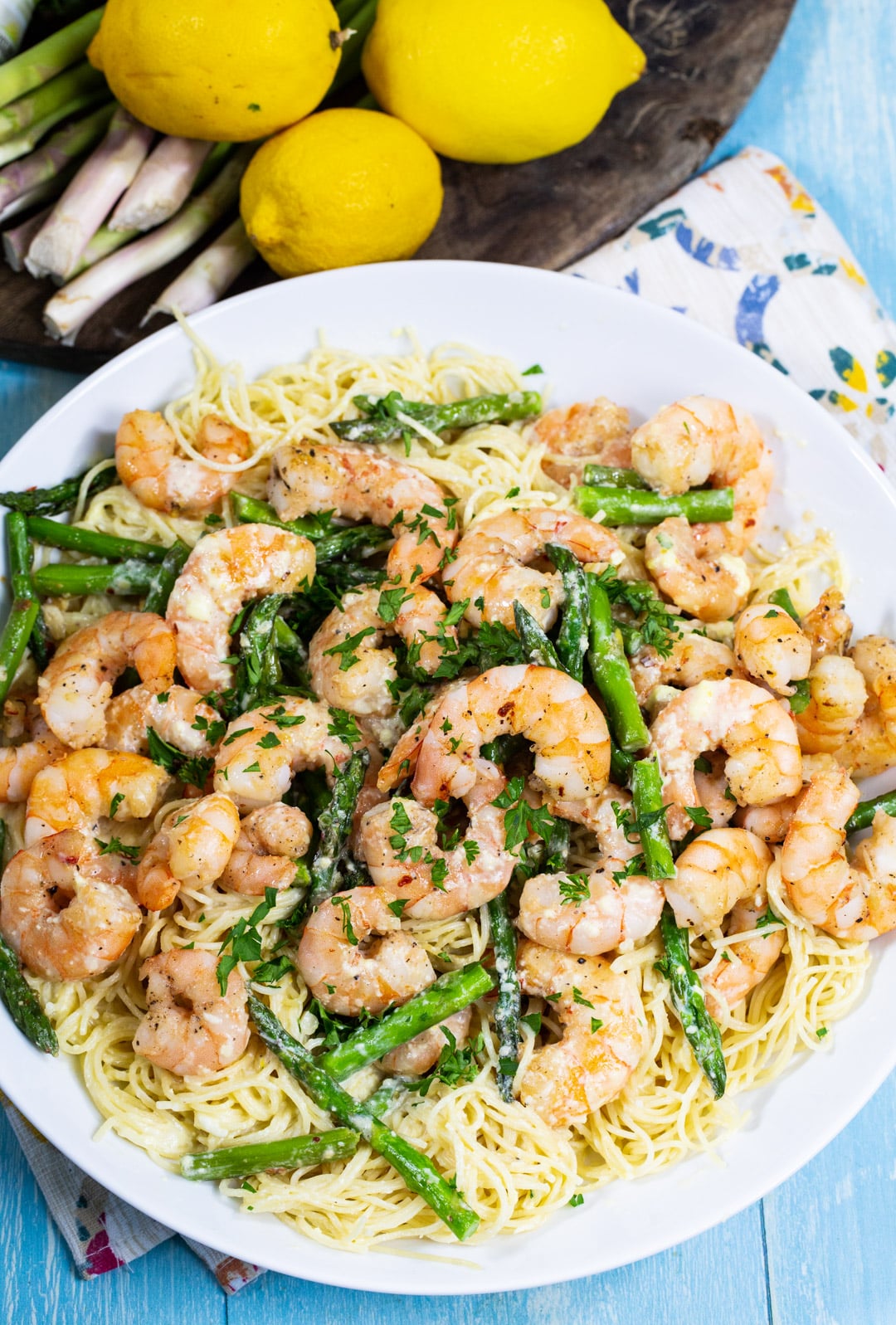 Lemon Shrimp and Asparagus Angel Hair Pasta in serving bowl.