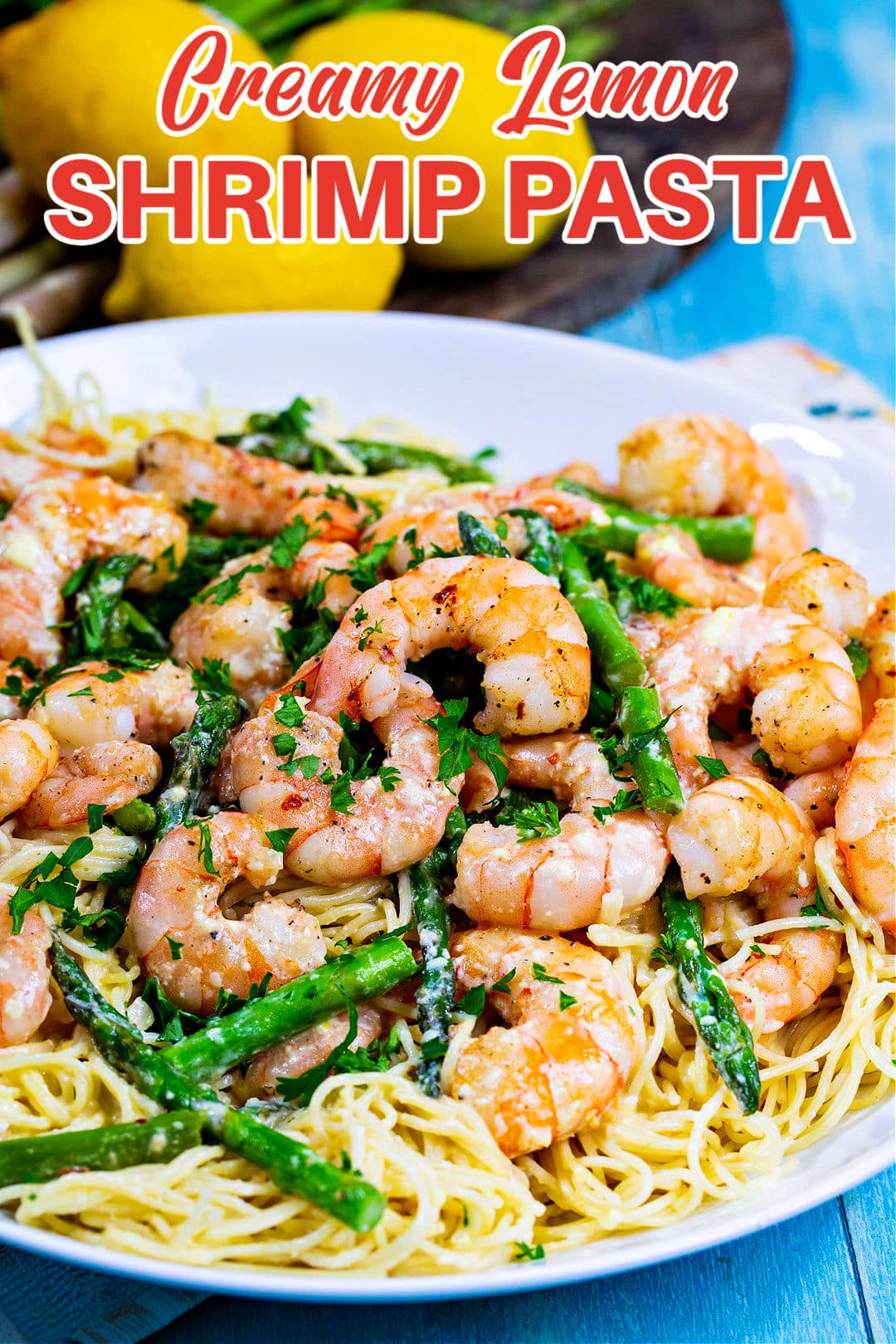 Creamy Lemon Shrimp Pasta in serving bowl.