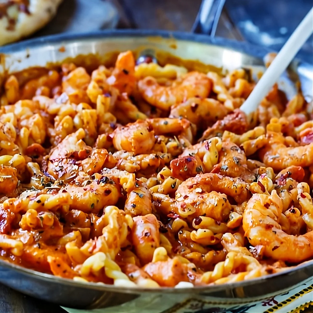 Spicy Shrimp and Tomato Cream Pasta in a skillet.