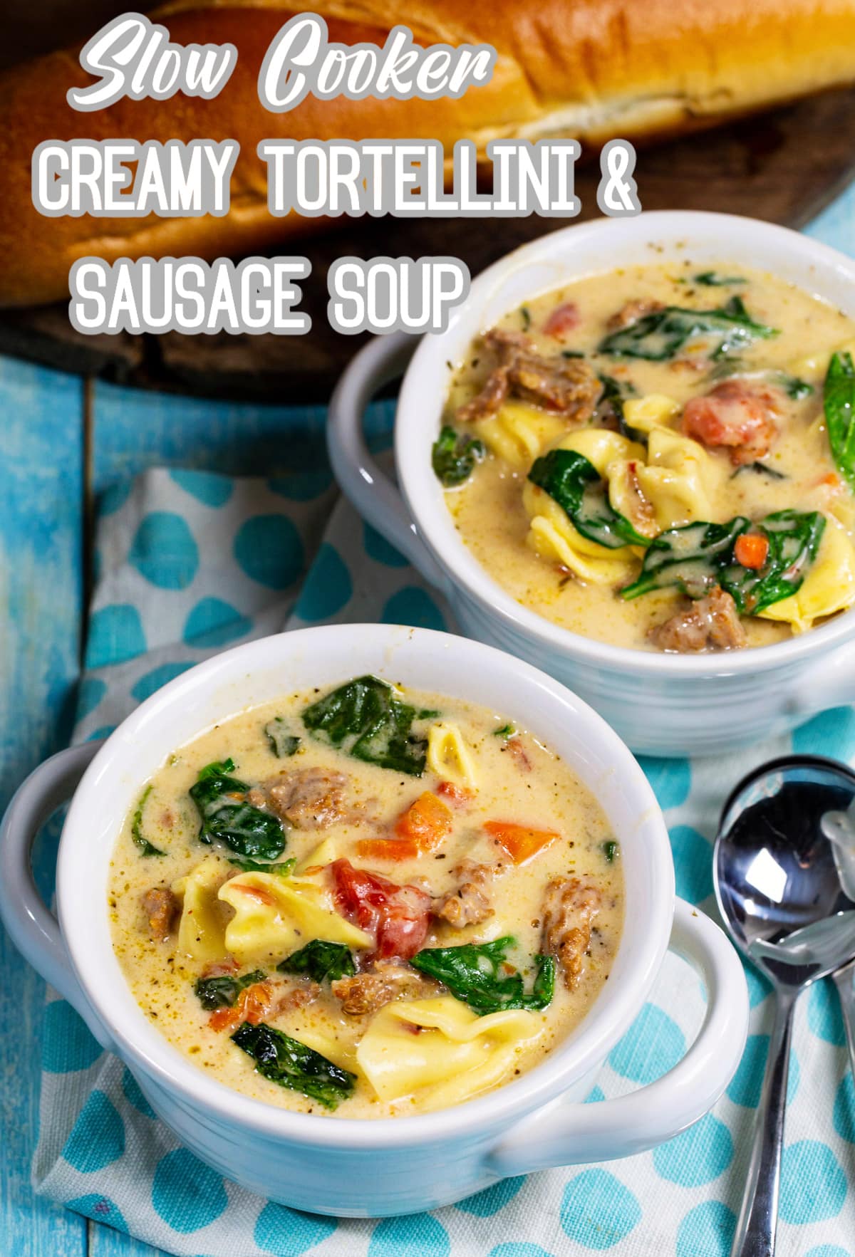 Tortellini and Sausage Soup in a bowl.