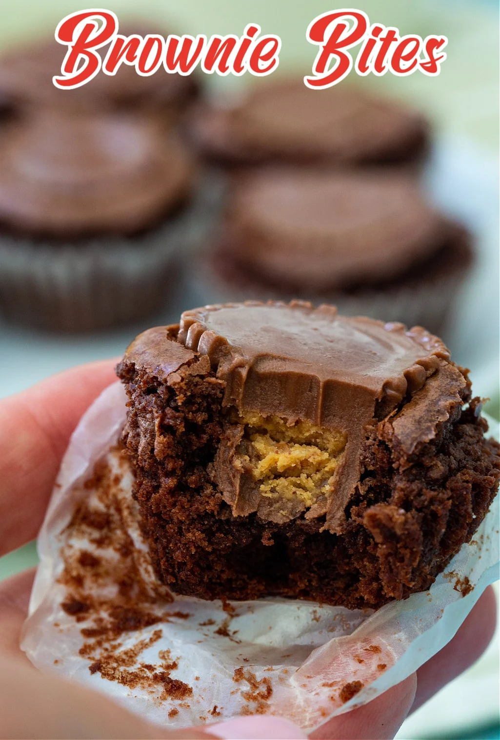 Hand holding a Brownie Bite with a bite eaten out.