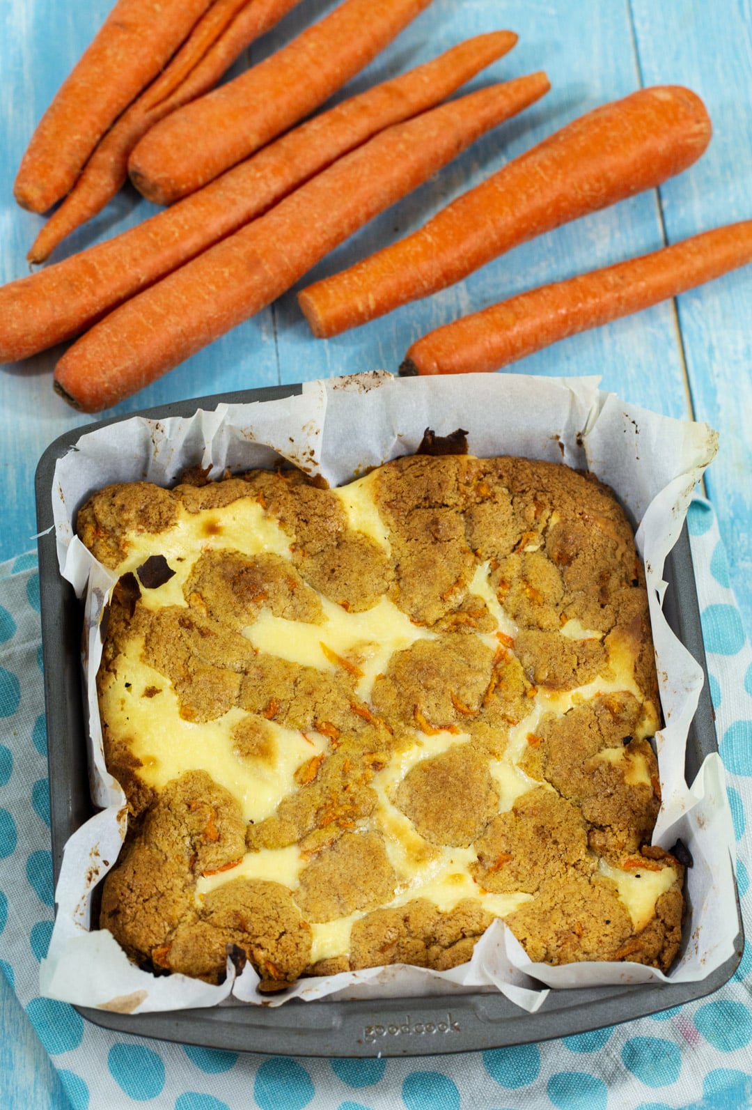 Carrot Cake Bars in baking pan.