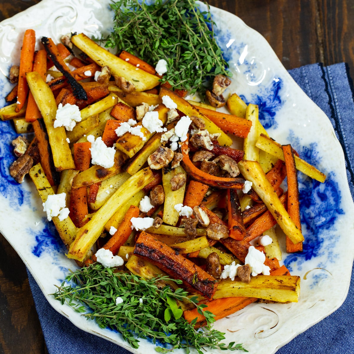 Roasted Carrots and Parsnips with Candied Pecans and Goat Cheese