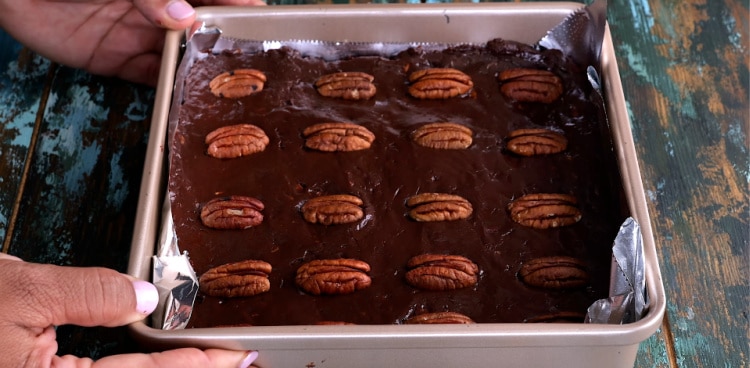 Pecans pressed into the top.