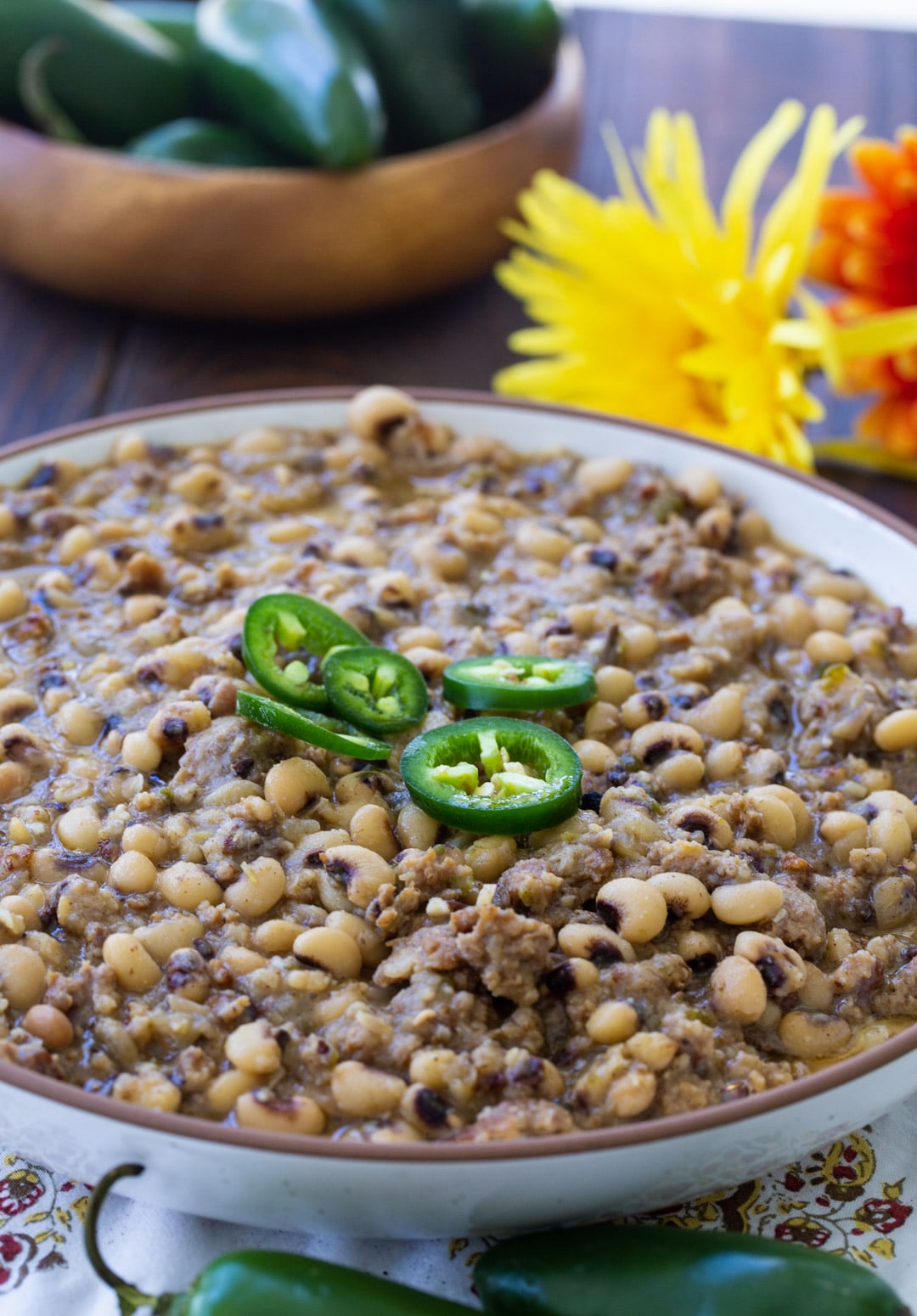 Black-Eyed Peas with Jalapeno in a serving bowl.