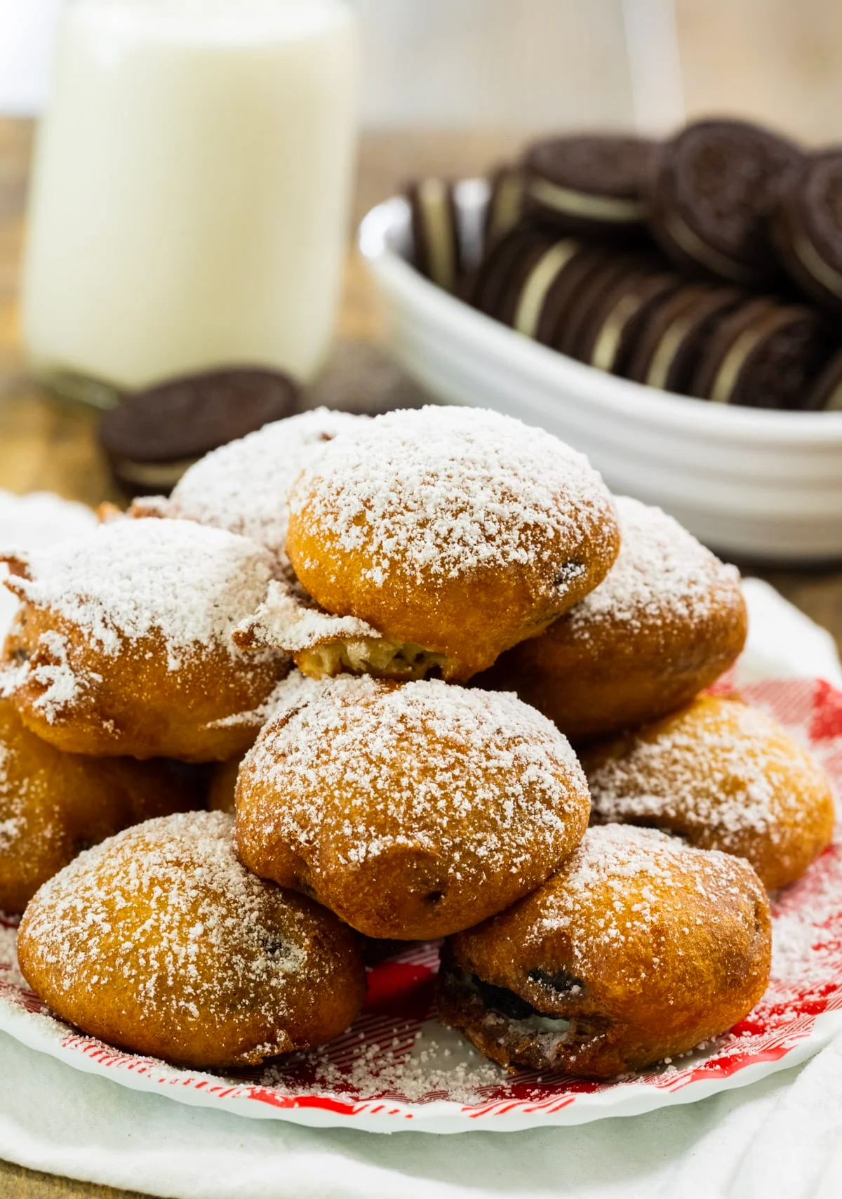 Fried Oreos on a plate.