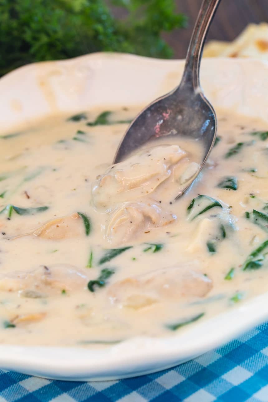 Spoon scooping up stew.