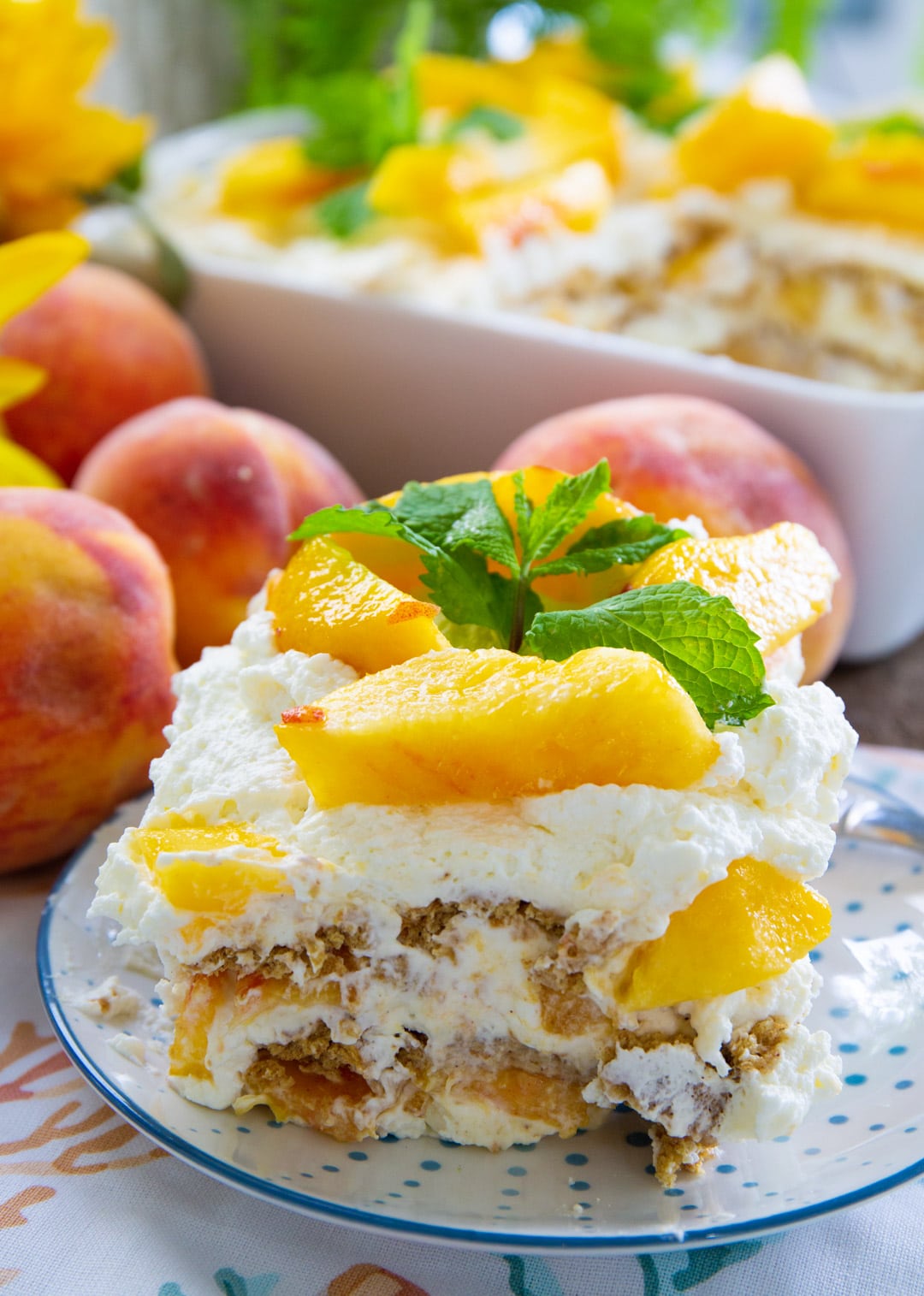 Slice of Peach Icebox Cake on a plate.