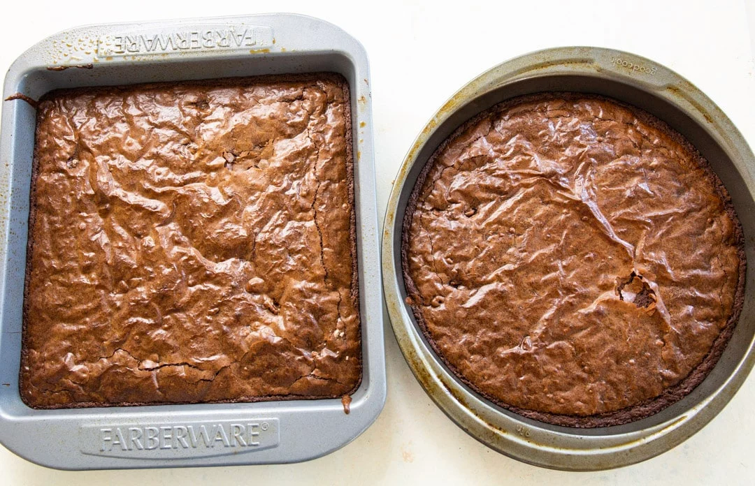 Baked brownies in pans.