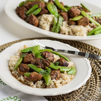 Five Spiced Pork with Sugar Snap Peas served over rice.