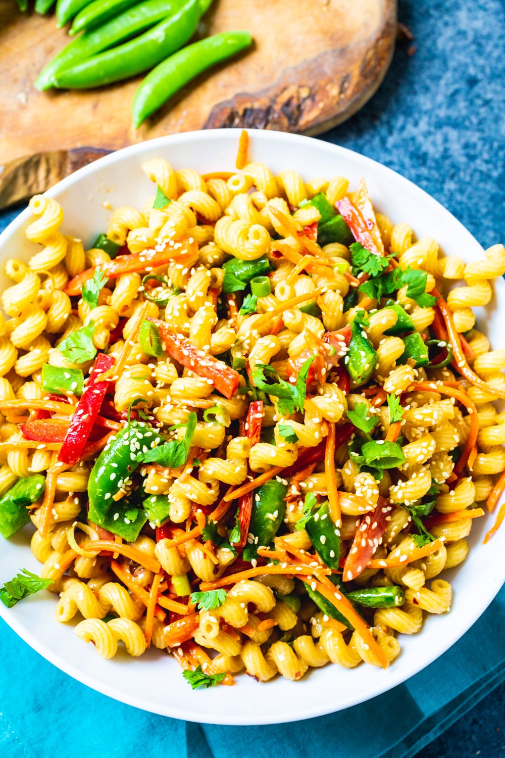 Overhead of Asian Pasta Salad in a white bowl.