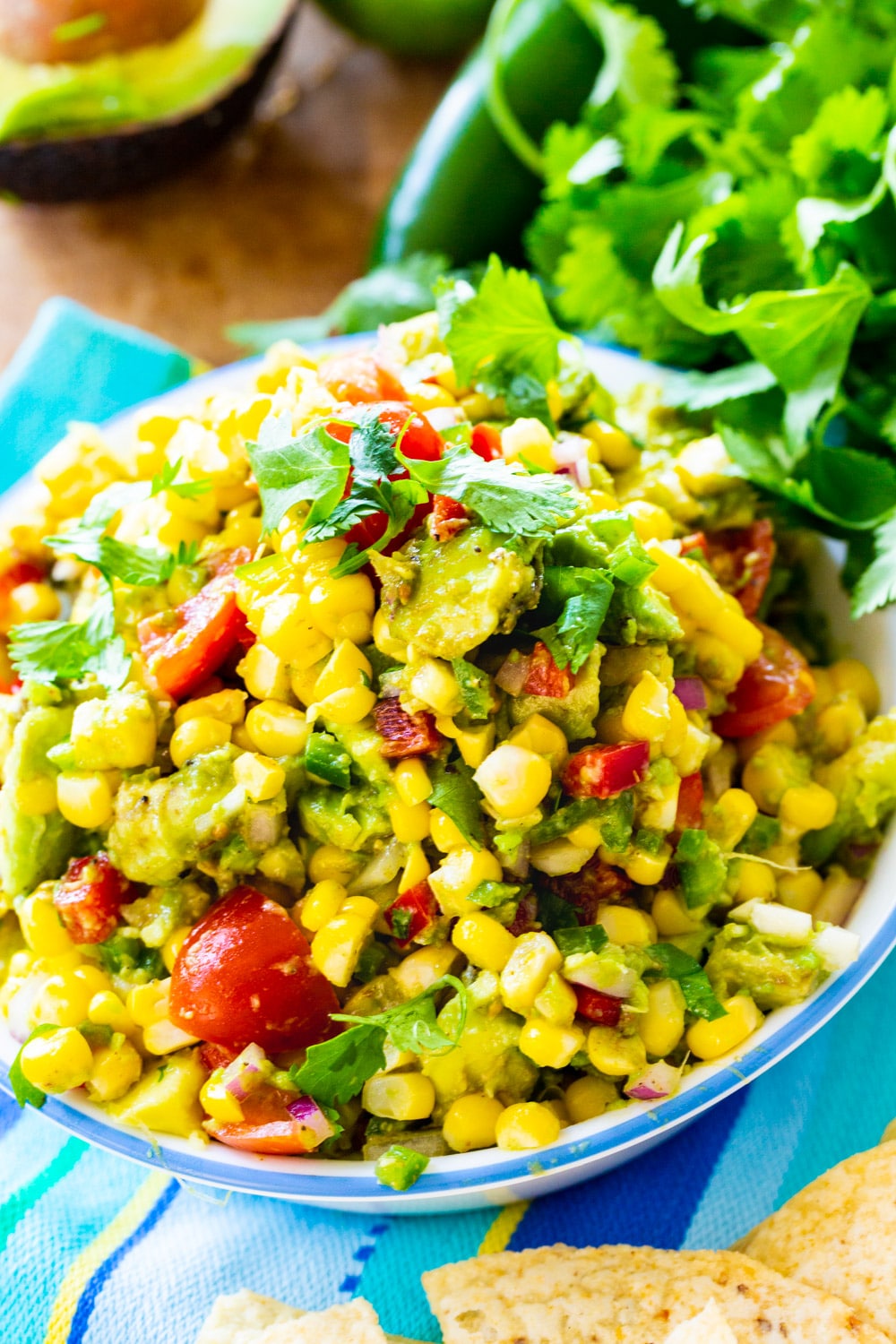 Salsa in a bowl with bunch of fresh cilantro next to it.