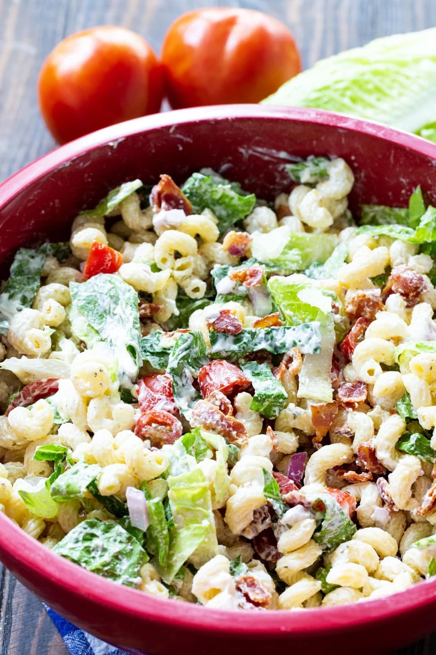 BLT Pasta Salad in a large red bowl.