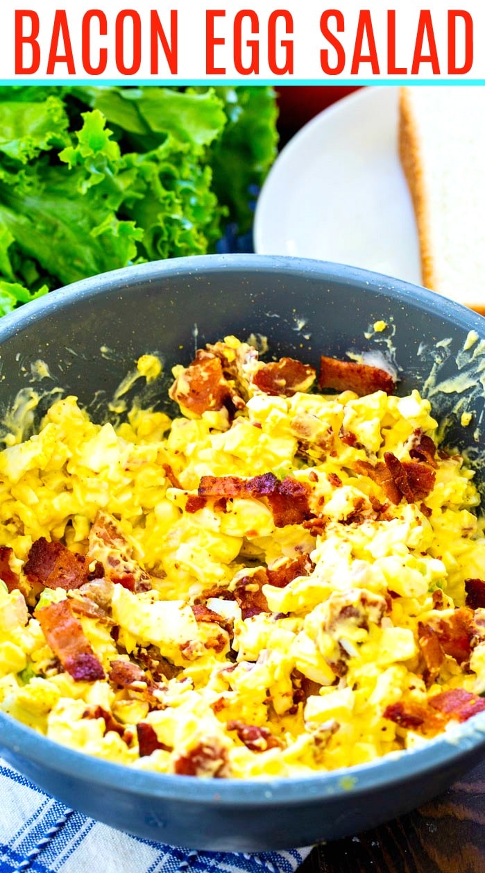 Bacon Egg Salad in blue serving bowl