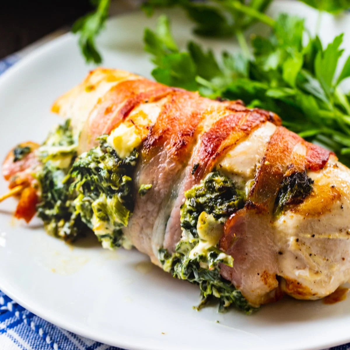 Bacon Wrapped Spinach and Feta Stuffed Chicken