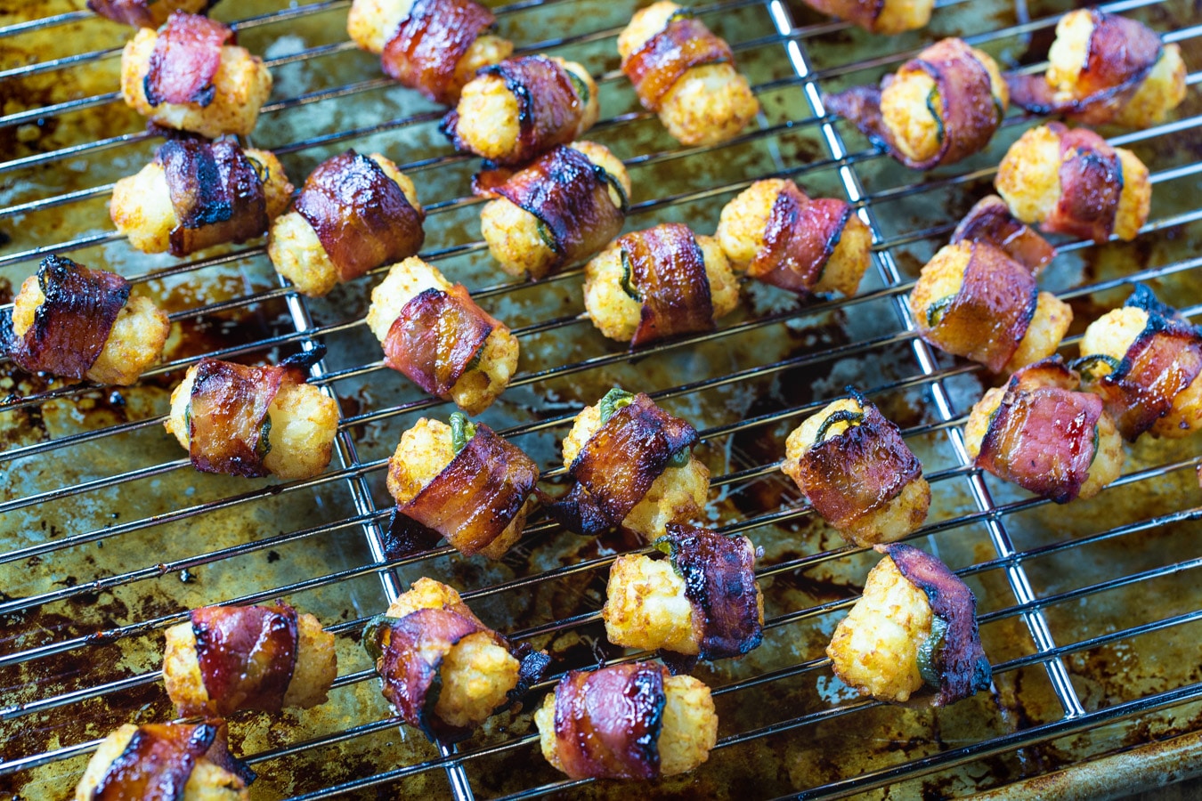 Jalapeno Bacon Tater Tots on wire rack.