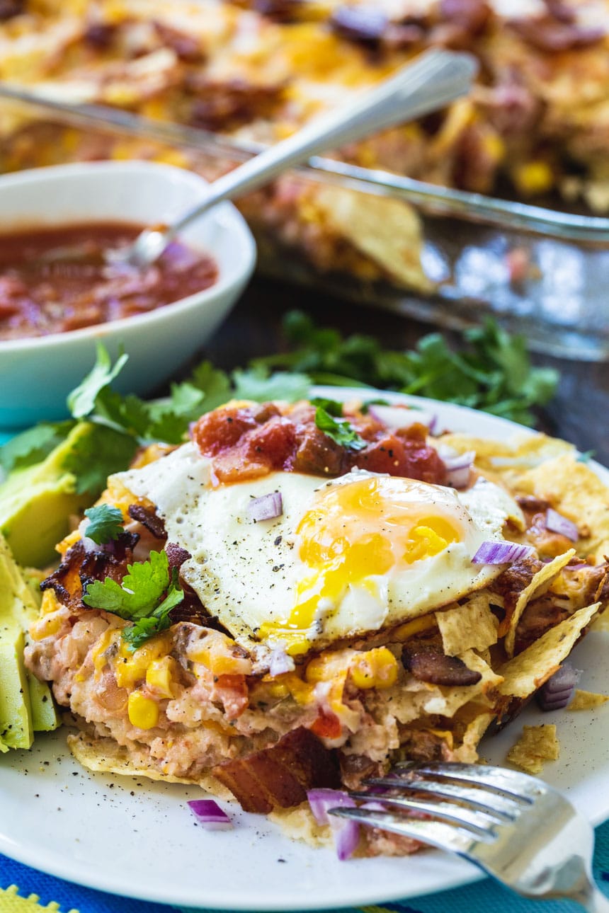 Bacon and Egg Chilaquiles dished up on a plate