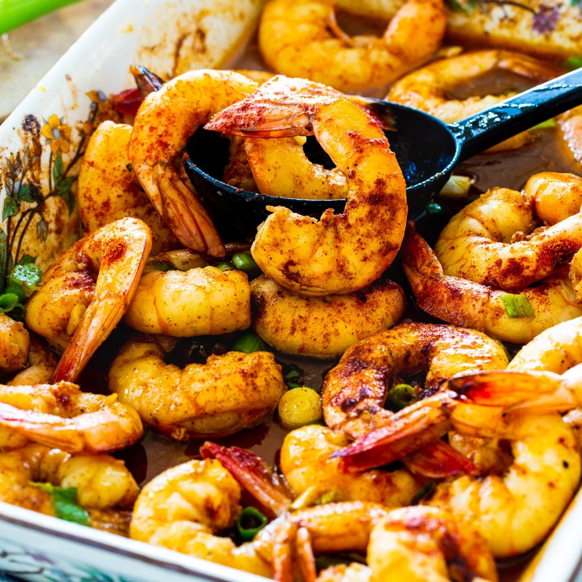 Baked Honey Cajun Shrimp in a baking dish.