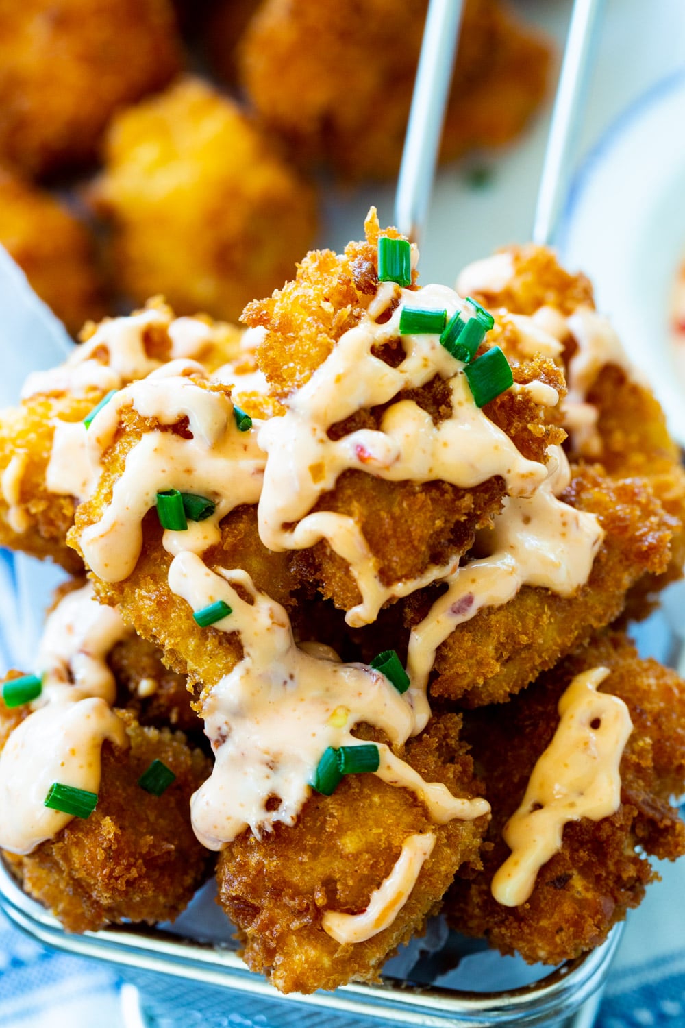 Close-up of fried chicken pieces.