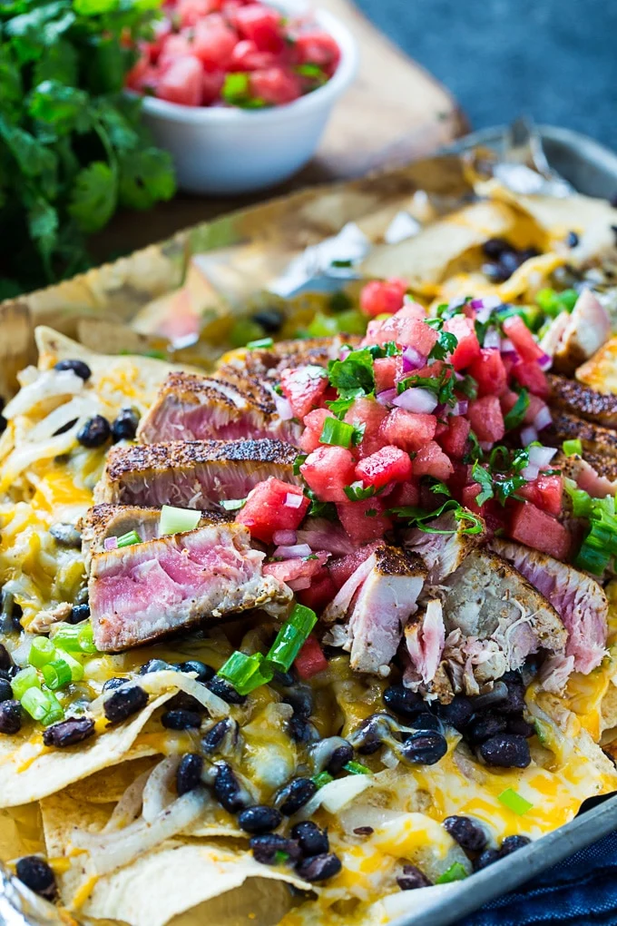 Blackened Tuna Nachos with watermelon Pico de Gallo