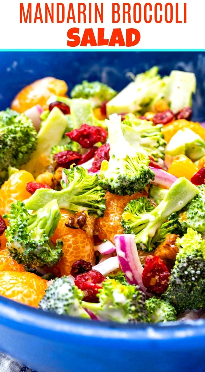 Mandarin Broccoli Salad in a blue serving bowl