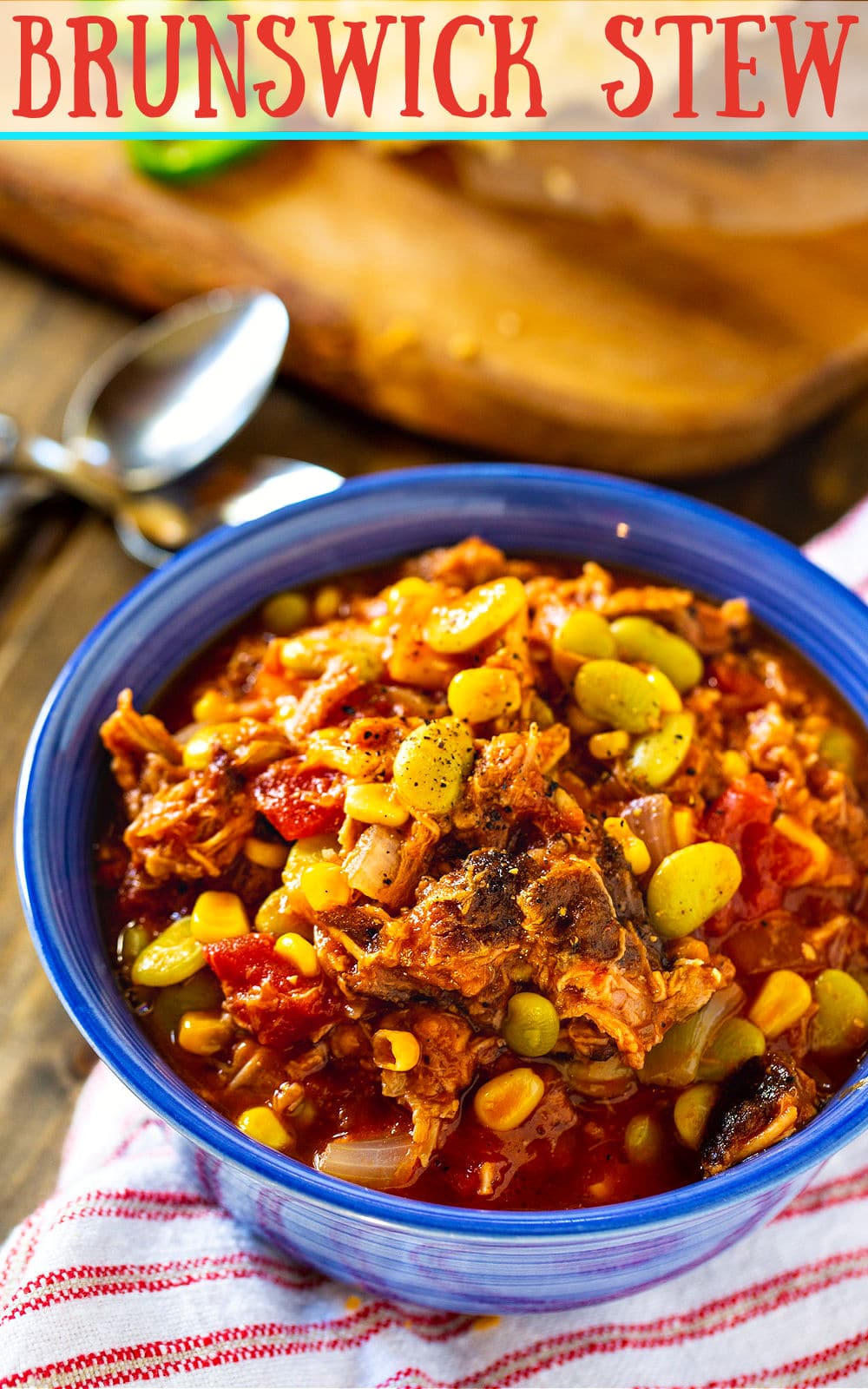 Easy Brunswick Stew in a blue bowl.