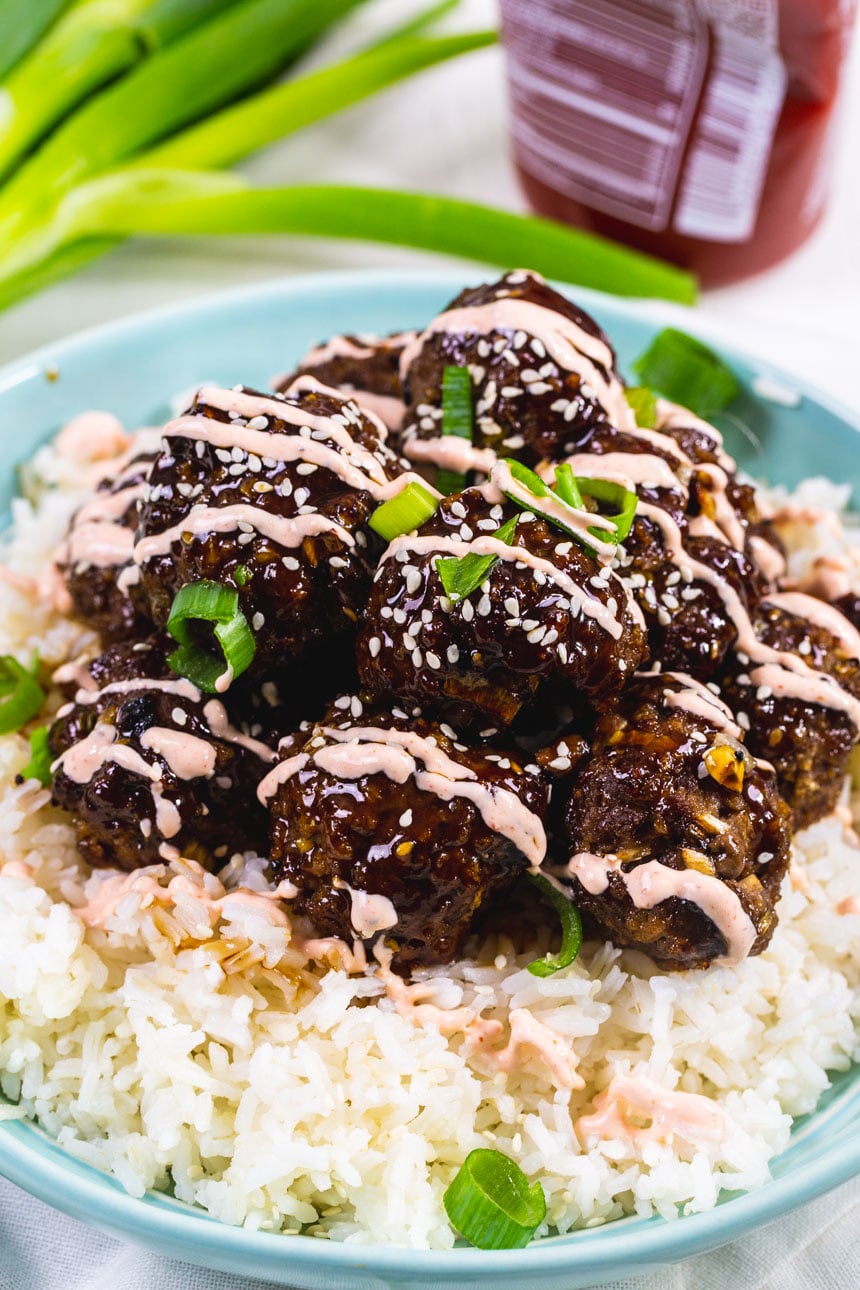 Pile of Bulgogi Meatballs over white rice.