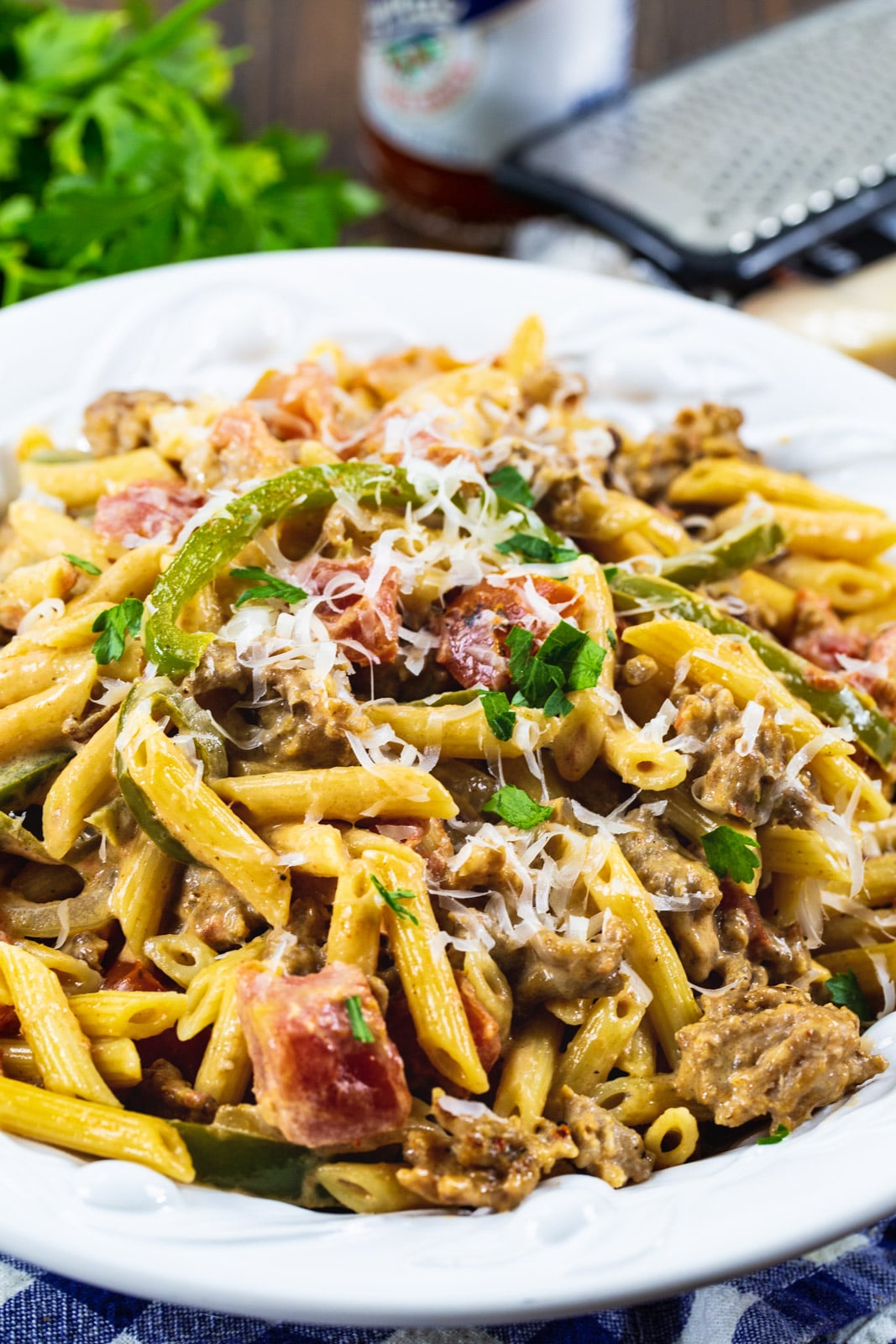 Creamy Cajun Sausage Pasta in a bowl.