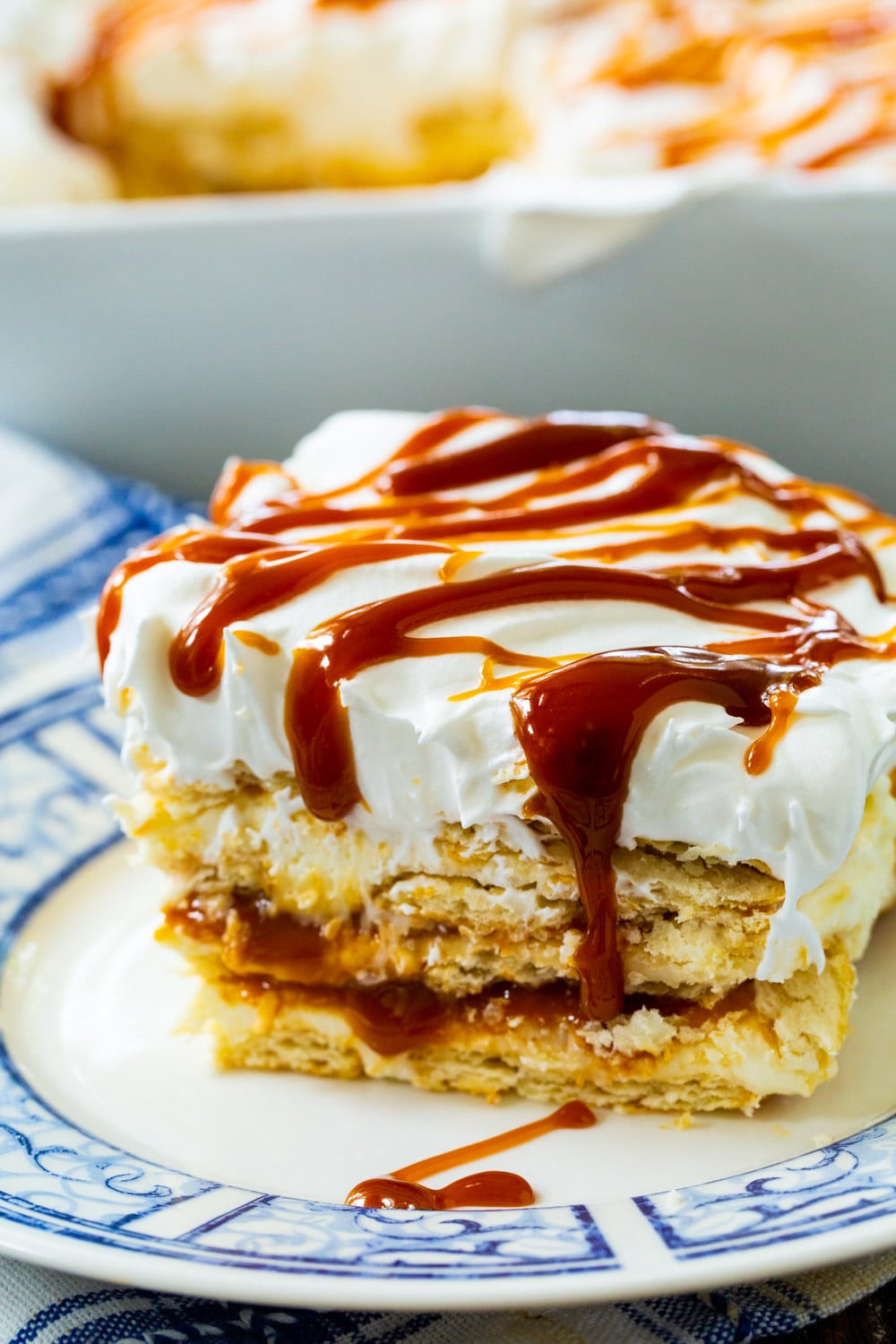 Slice of Caramel Icebox Pie on a plate.