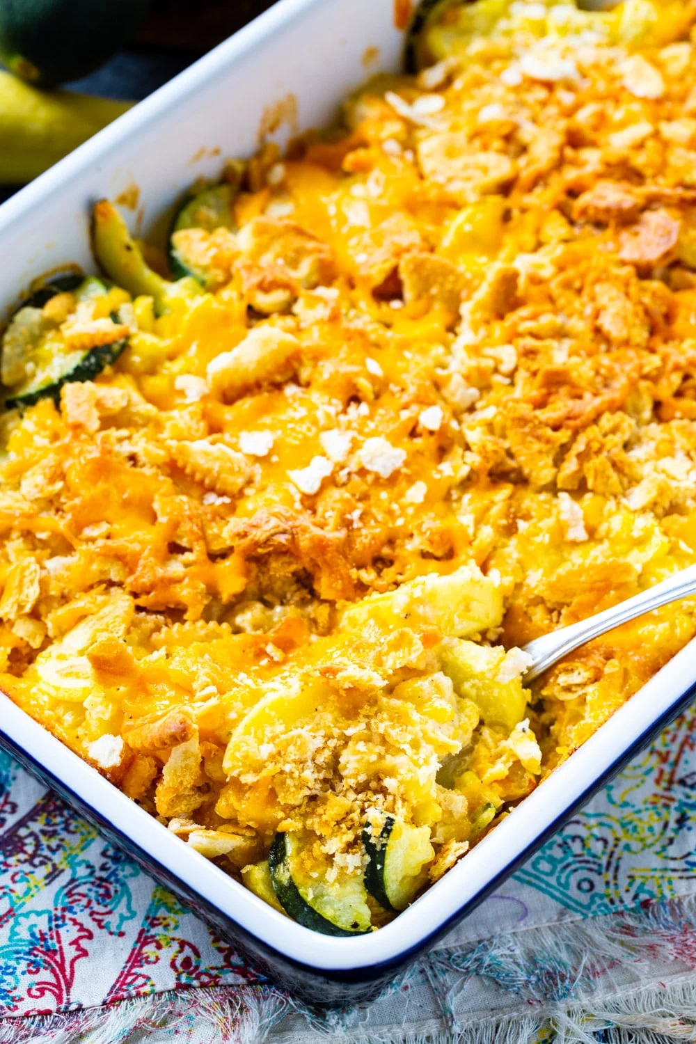Squash and Zucchini Casserole with corn in a baking dish.